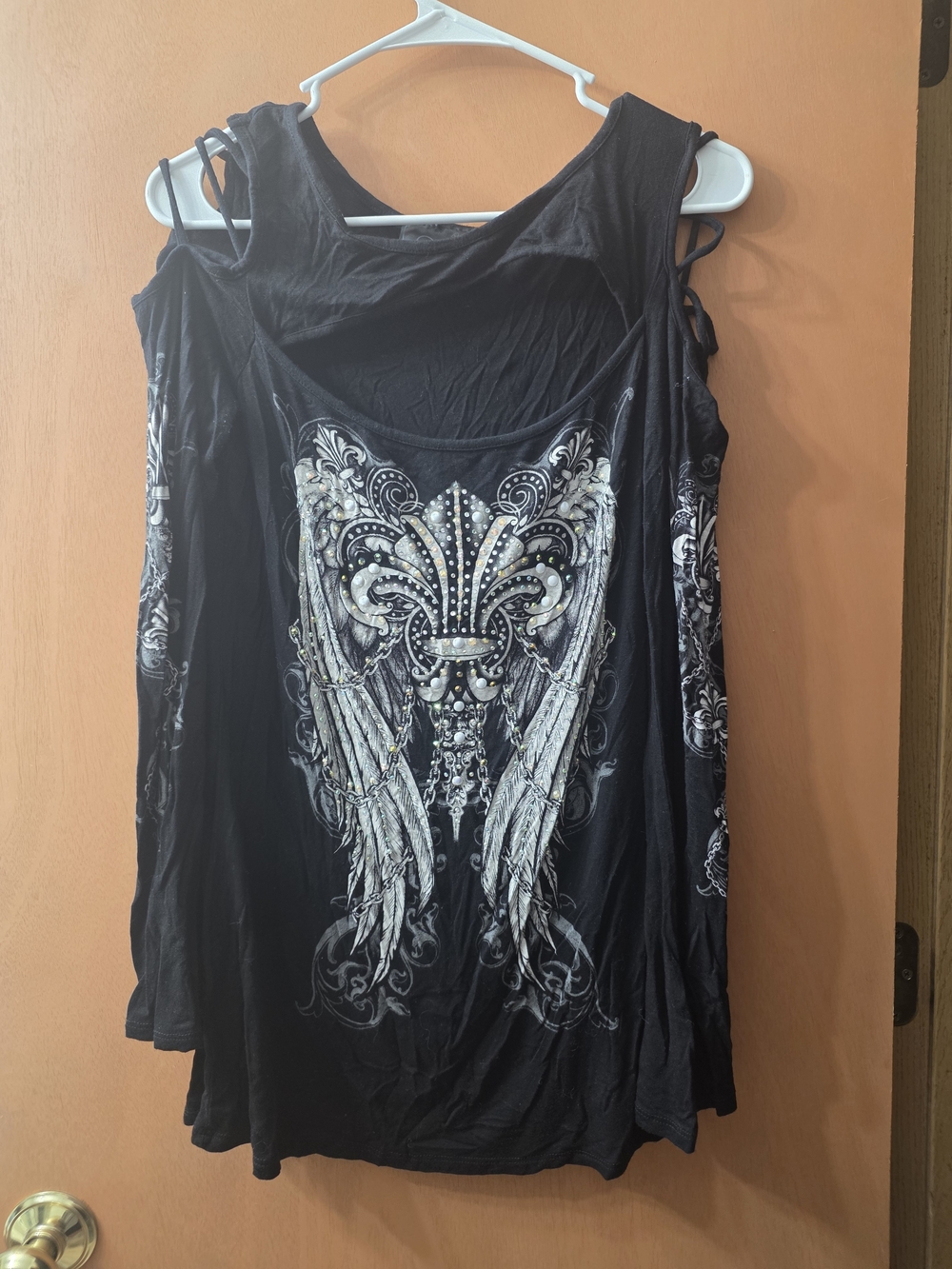 Black Women's Cold-Shoulder Tunic with Ornate Fleur-de-Lis Print